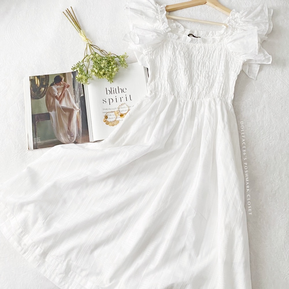 Banana Republic White Smocked Chest Fit & Flare Dress with Ruffle Sleeves - Picture 2 of 12